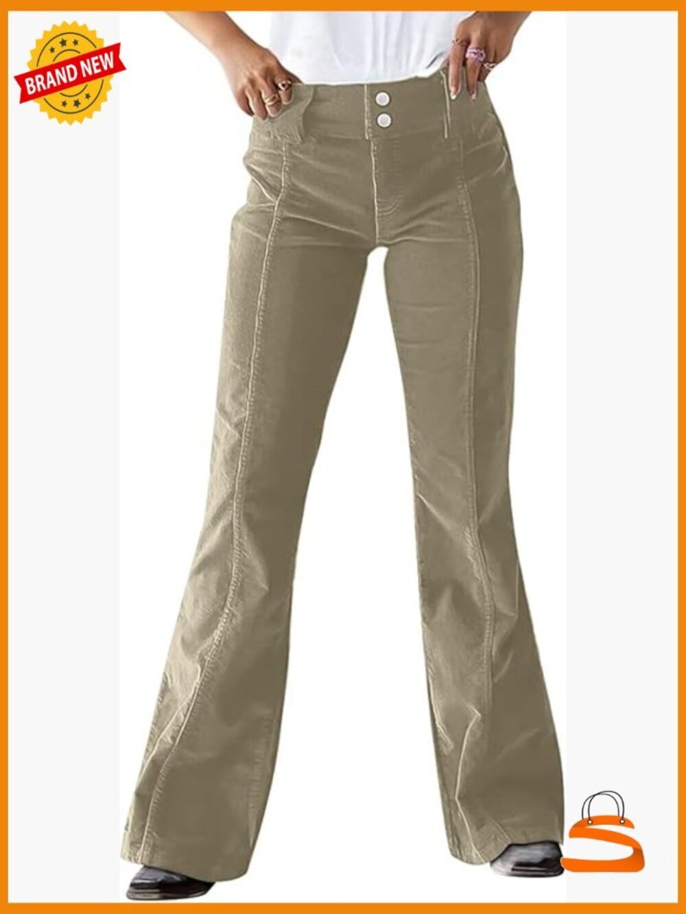 Mid Rise Corduroy Flare Trousers Seam Front Double Button Work Pants